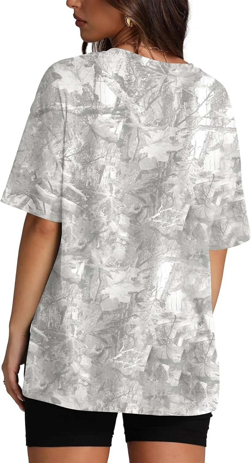 Oversized Camo T Shirts for Women Men Maple Leaf Short Sleeve Camo Tee Shirt Summer Casual Graphic Tops Streetwear