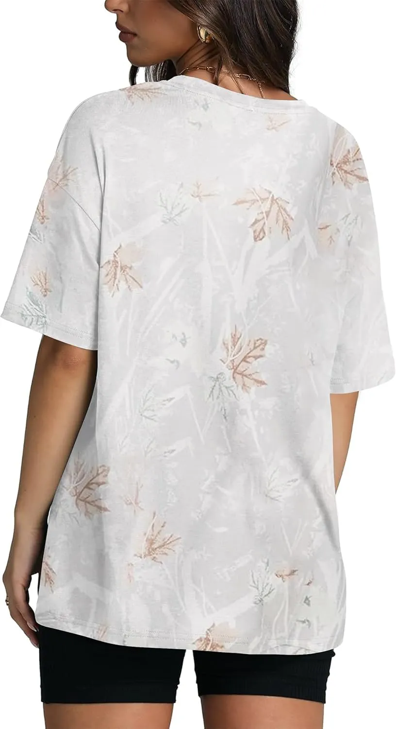 Oversized Camo T Shirts for Women Men Maple Leaf Short Sleeve Camo Tee Shirt Summer Casual Graphic Tops Streetwear