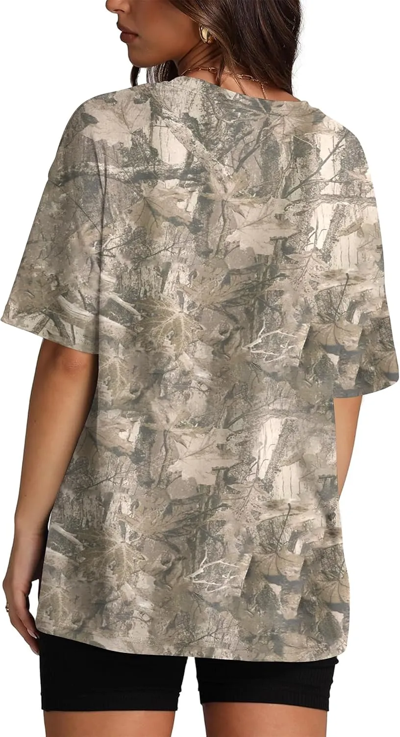 Oversized Camo T Shirts for Women Men Maple Leaf Short Sleeve Camo Tee Shirt Summer Casual Graphic Tops Streetwear