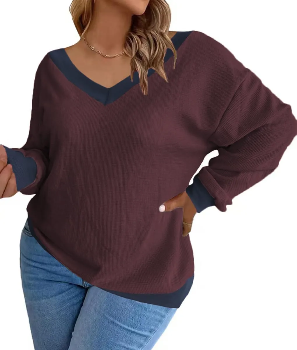Plus-Size-Sweaters for Women Long Sleeve Waffle Knit V Neck Pullover Tops 1X-5X