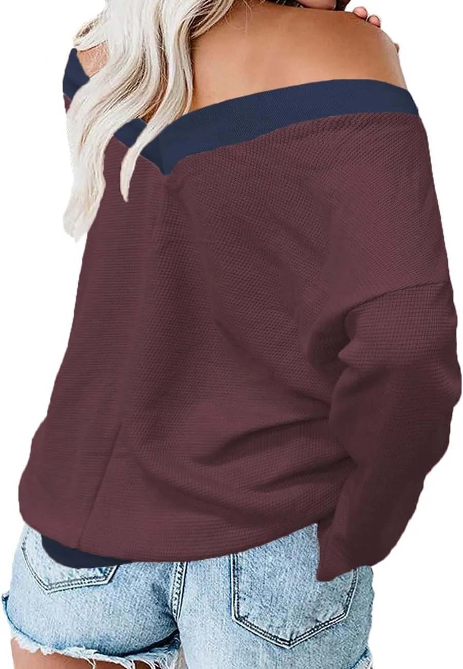 Plus-Size-Sweaters for Women Long Sleeve Waffle Knit V Neck Pullover Tops 1X-5X