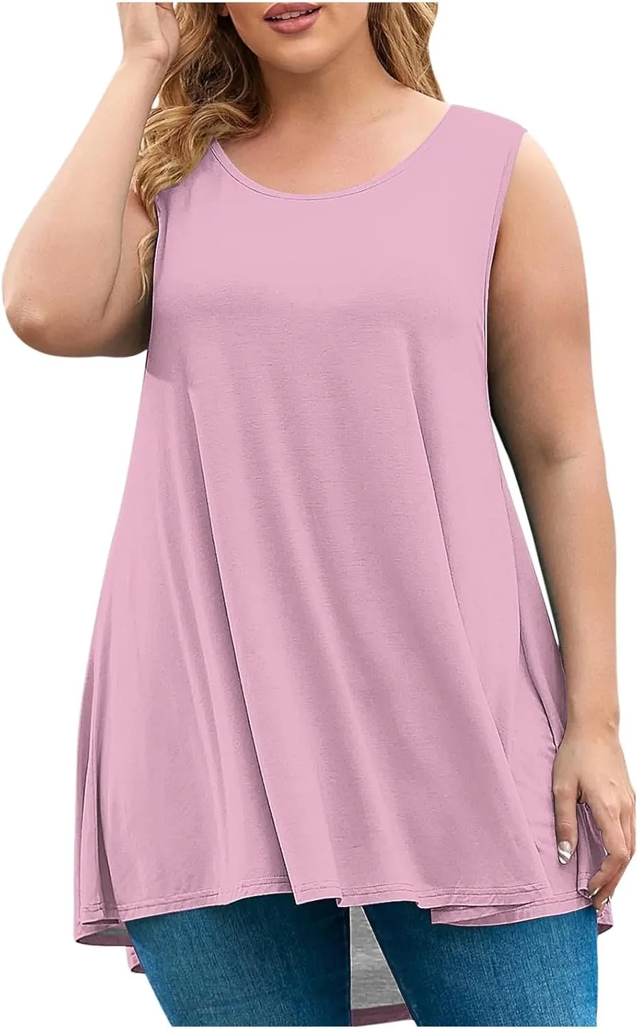 Plus Size Tank Tops for Women Stretchy Round Neck Shirts Comfortable Sleeveless Solid Flowy Tops Summer Clothes
