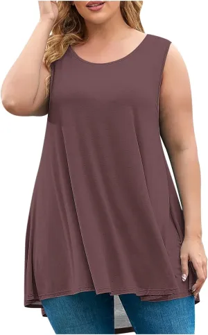 Plus Size Tank Tops for Women Stretchy Round Neck Shirts Comfortable Sleeveless Solid Flowy Tops Summer Clothes