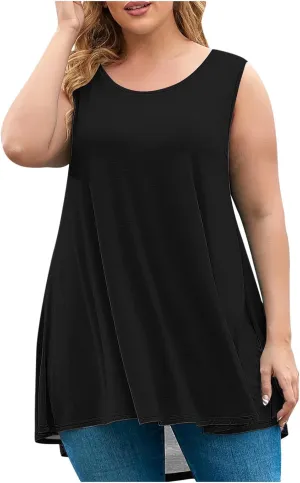 Plus Size Tank Tops for Women Stretchy Round Neck Shirts Comfortable Sleeveless Solid Flowy Tops Summer Clothes