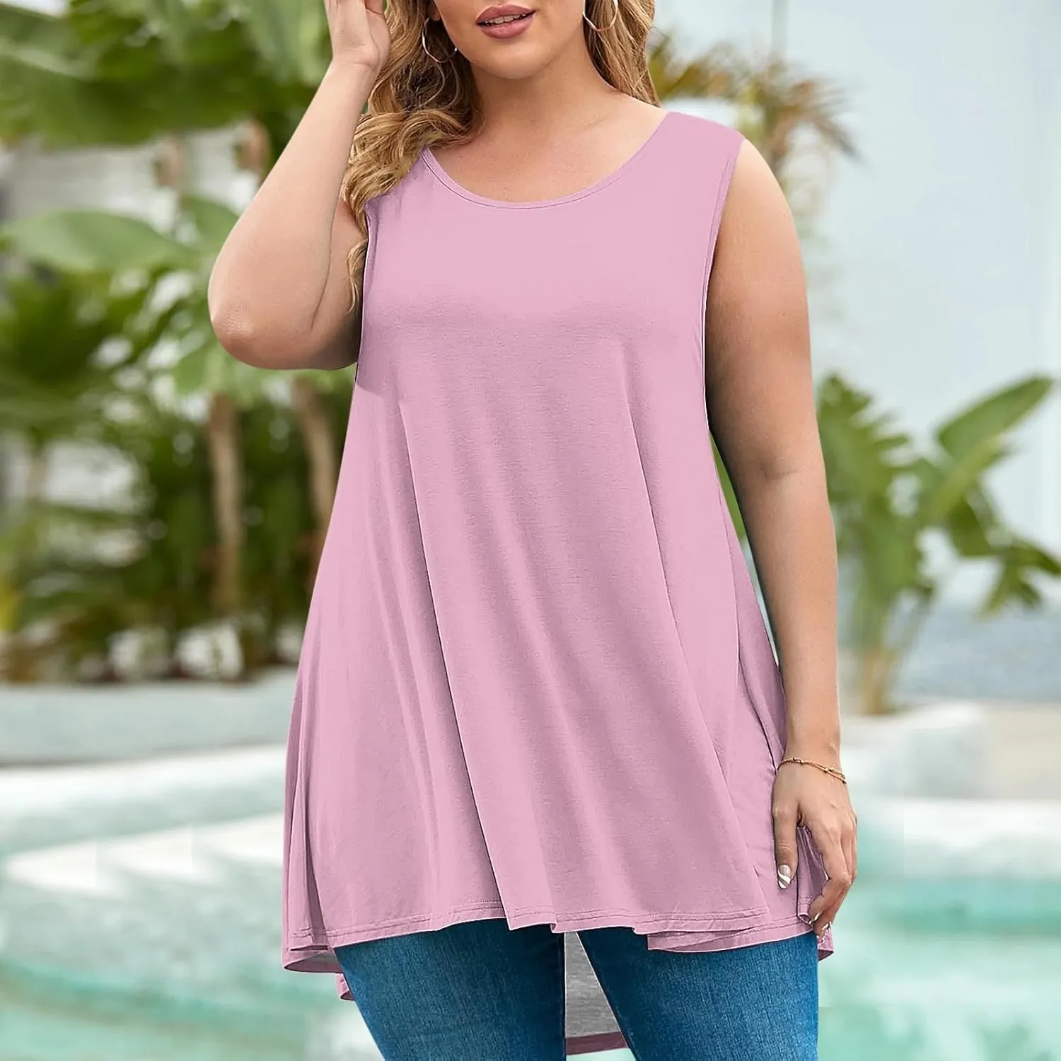 Plus Size Tank Tops for Women Stretchy Round Neck Shirts Comfortable Sleeveless Solid Flowy Tops Summer Clothes