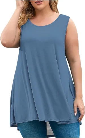 Plus Size Tank Tops for Women Stretchy Round Neck Shirts Comfortable Sleeveless Solid Flowy Tops Summer Clothes