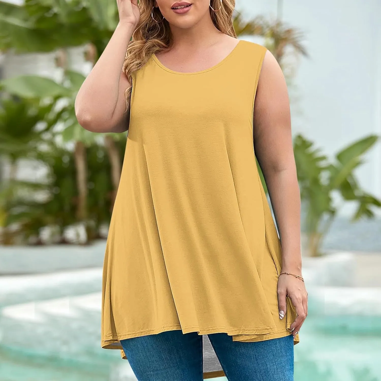 Plus Size Tank Tops for Women Stretchy Round Neck Shirts Comfortable Sleeveless Solid Flowy Tops Summer Clothes