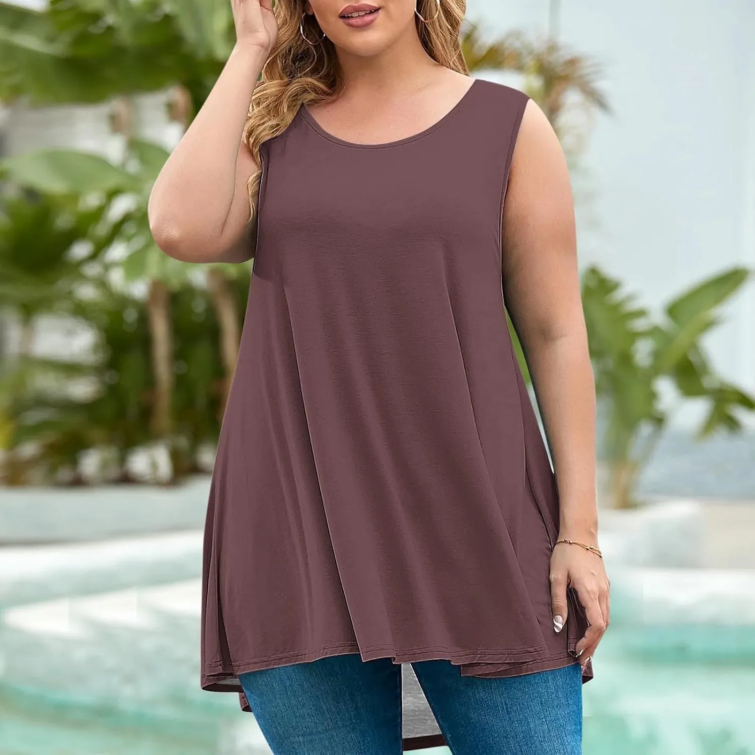 Plus Size Tank Tops for Women Stretchy Round Neck Shirts Comfortable Sleeveless Solid Flowy Tops Summer Clothes