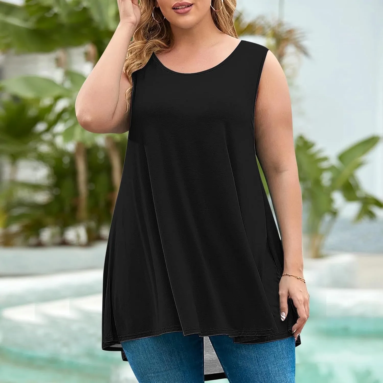 Plus Size Tank Tops for Women Stretchy Round Neck Shirts Comfortable Sleeveless Solid Flowy Tops Summer Clothes