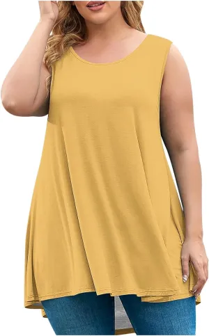 Plus Size Tank Tops for Women Stretchy Round Neck Shirts Comfortable Sleeveless Solid Flowy Tops Summer Clothes