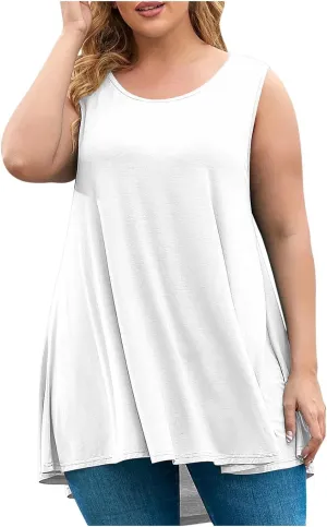 Plus Size Tank Tops for Women Stretchy Round Neck Shirts Comfortable Sleeveless Solid Flowy Tops Summer Clothes