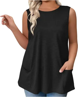 Plus Size Tanks for Women Summer Loose Fit Tunic Top Crew Neck Sleeveless Tee Workout Shirts with Pockets