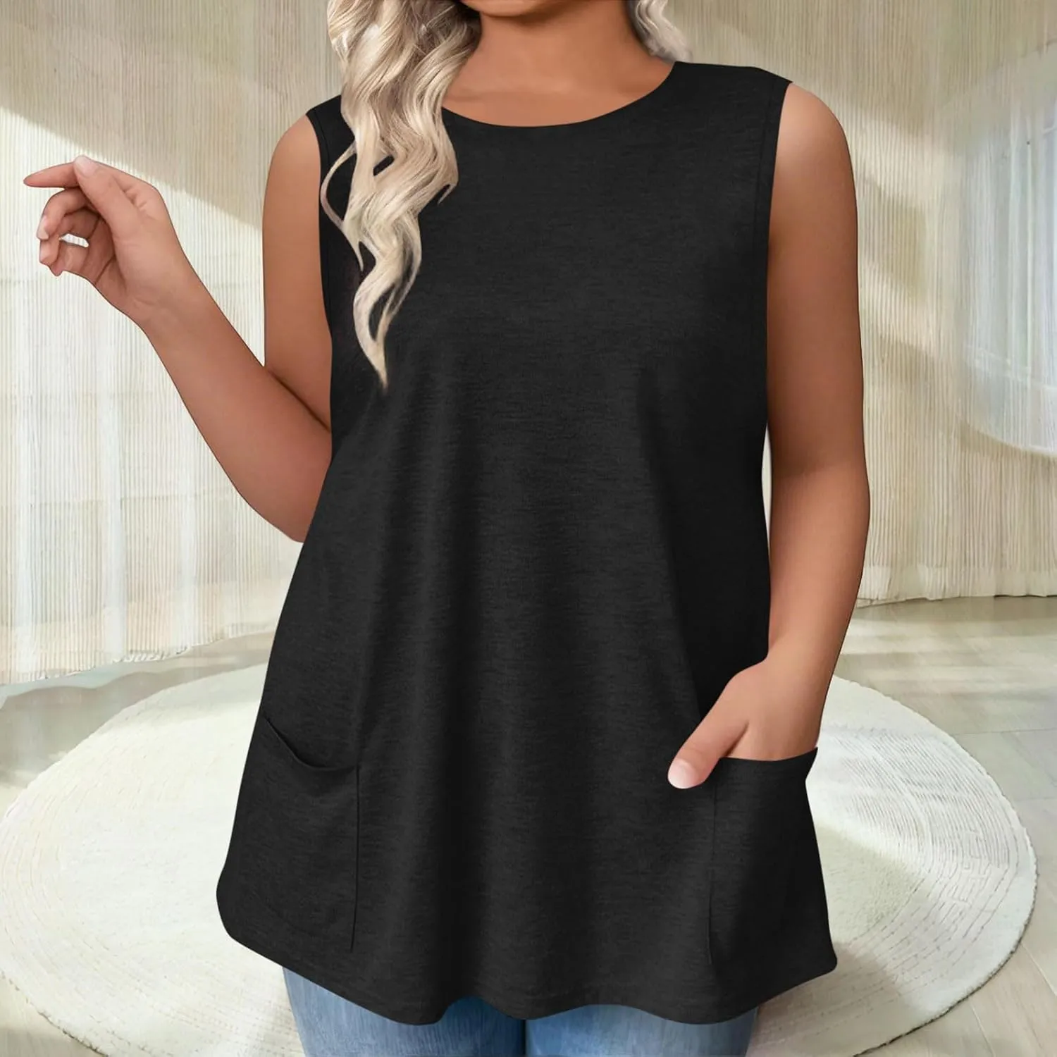 Plus Size Tanks for Women Summer Loose Fit Tunic Top Crew Neck Sleeveless Tee Workout Shirts with Pockets