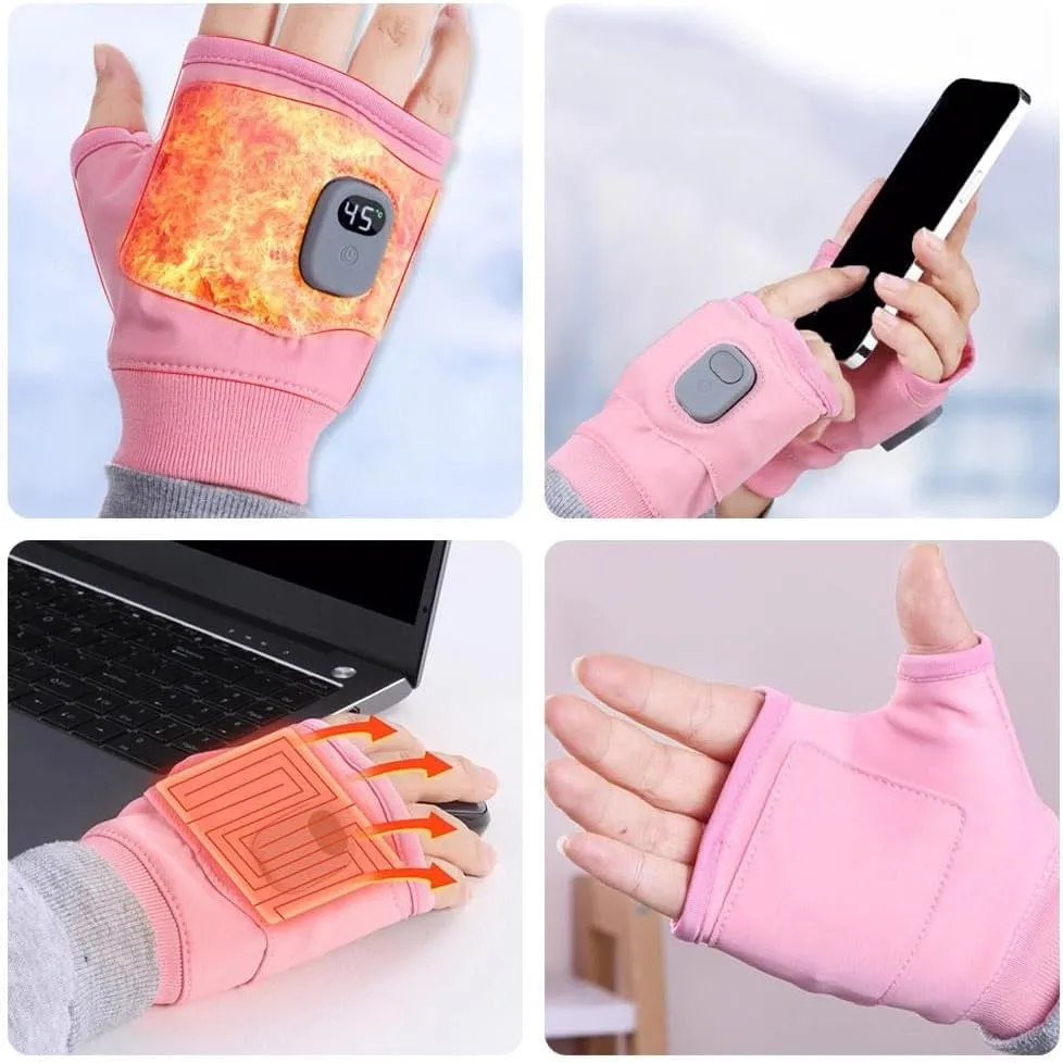 Portable Heating Gloves for Women, Smart Thermostatic Electric Heated Fingerless Gloves with Digital Display, Rechargeable Fingerless Heating Gloves for Work Cycling Skiing Outdoor Snow