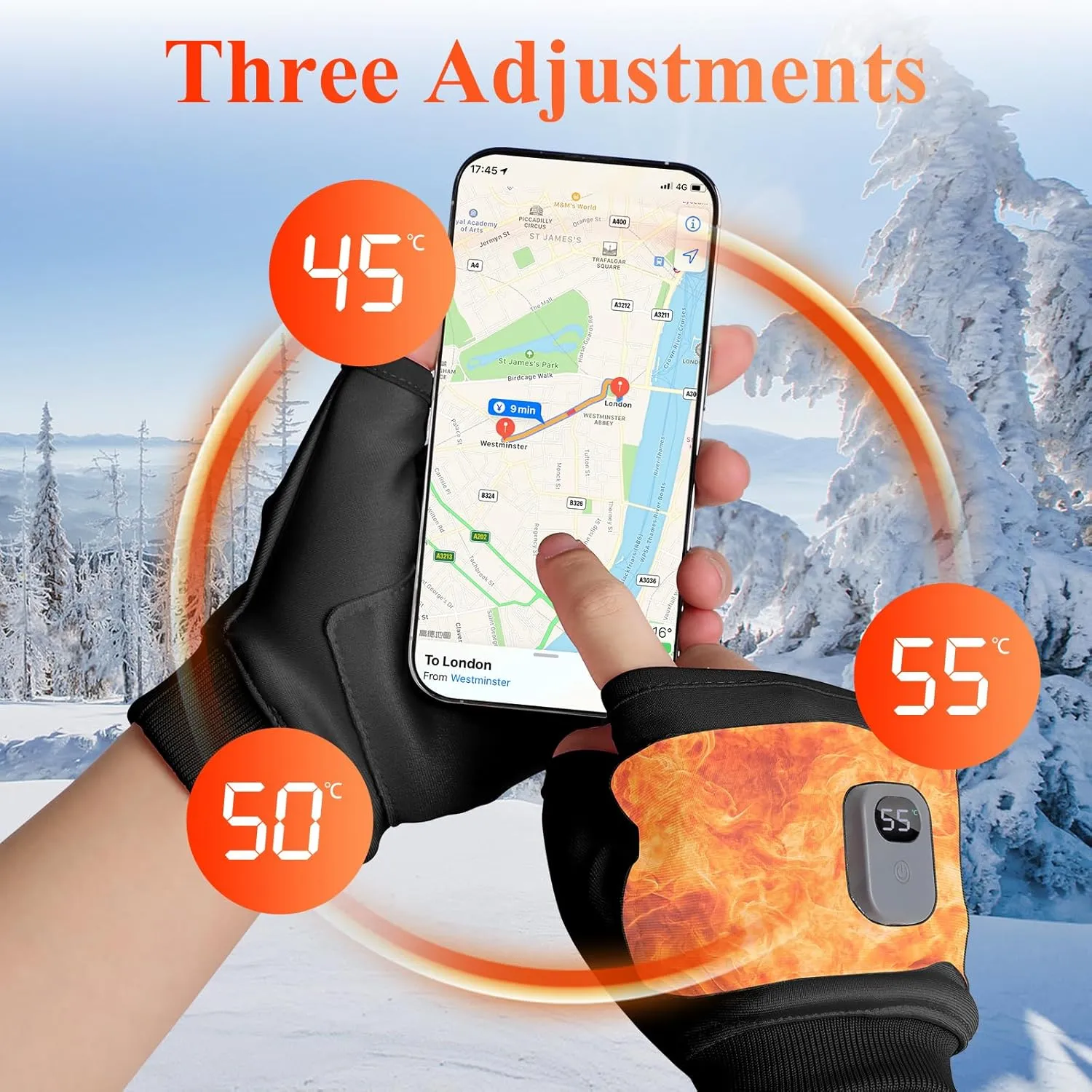 Portable Heating Gloves with Digital Display, Smart Thermostatic Heated Fingerless Gloves, Rechargeable Heating Gloves 3rd Gear Adjustable for Women and Man