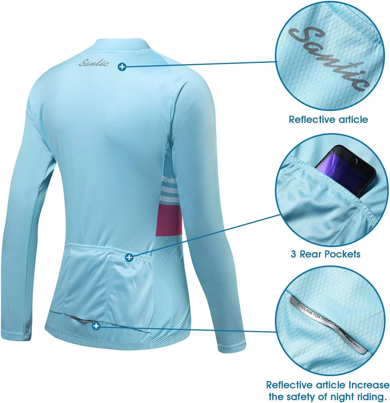 Santic Women's Cycling Jersey Long Sleeve Bike Jersey Biking Shirts Bicycle Tops with Three Pockets