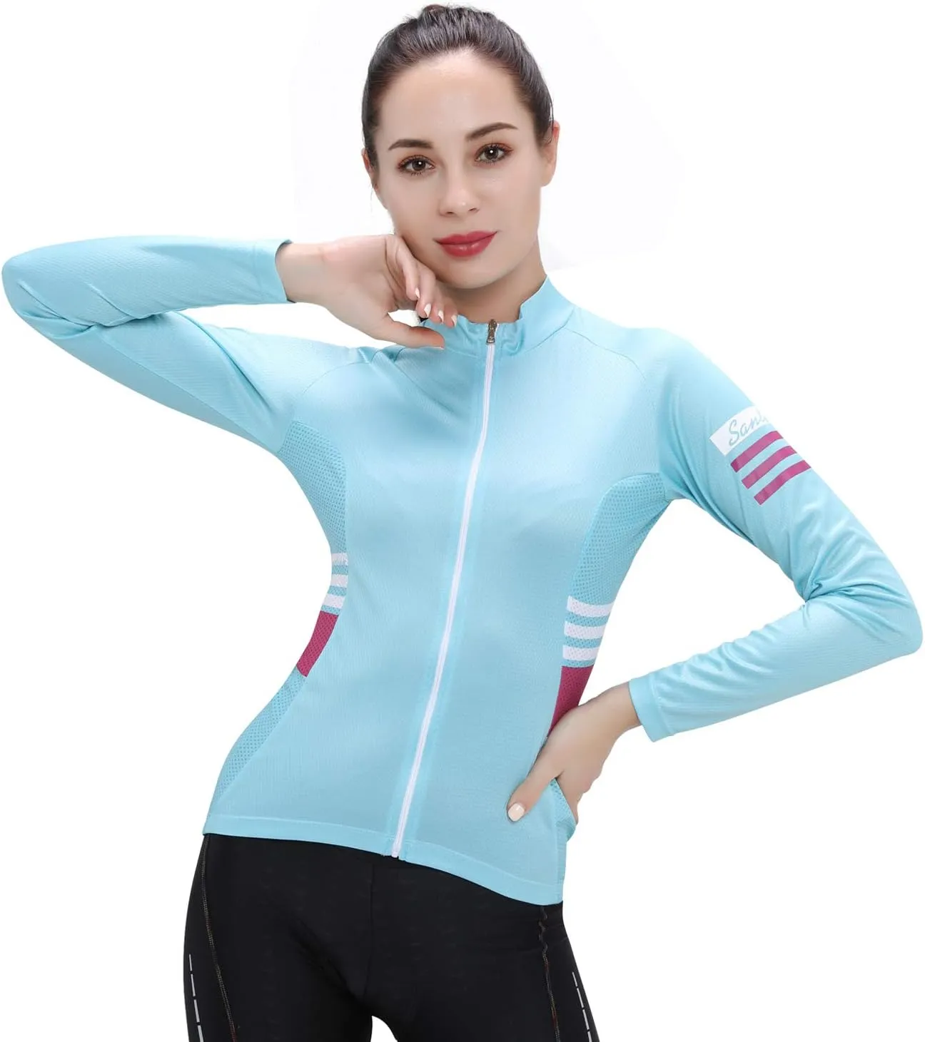 Santic Women's Cycling Jersey Long Sleeve Bike Jersey Biking Shirts Bicycle Tops with Three Pockets