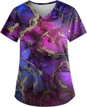 Scrubwear for Women Short Sleeve V-Neck Nurse Doctor Uniforms Marble Printed Stretchy Scrub Tops with Pockets