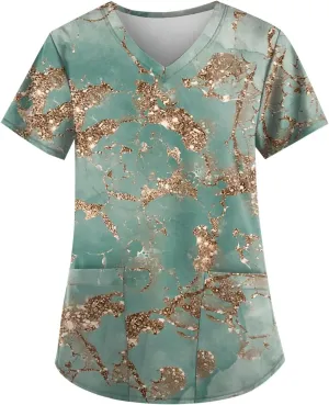 Scrubwear for Women Short Sleeve V-Neck Nurse Doctor Uniforms Marble Printed Stretchy Scrub Tops with Pockets