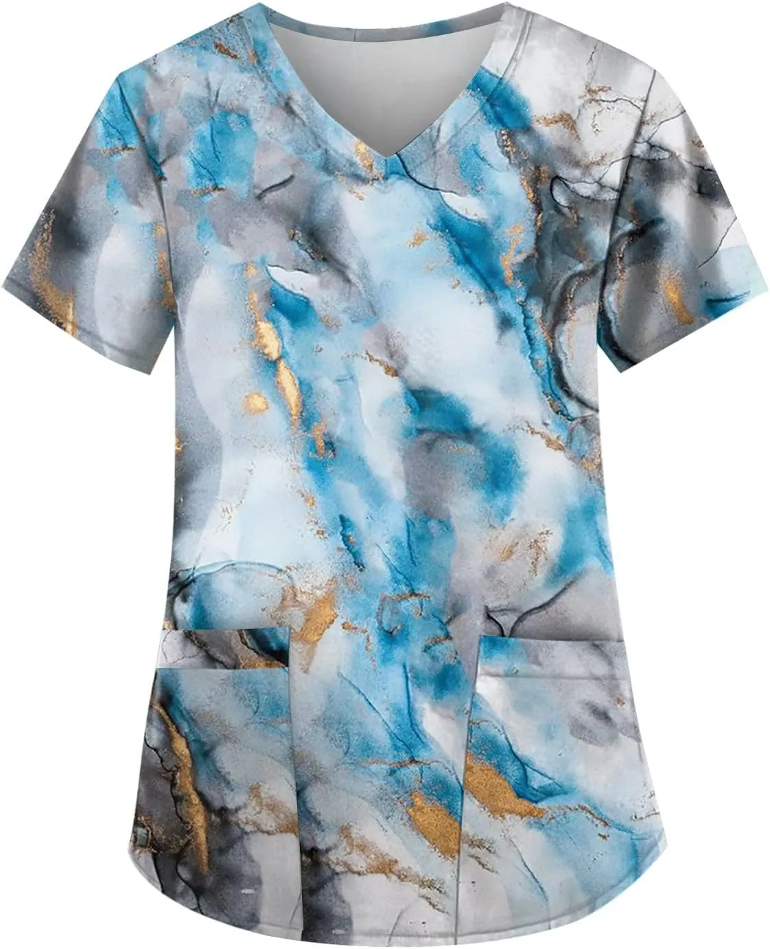 Scrubwear for Women Short Sleeve V-Neck Nurse Doctor Uniforms Marble Printed Stretchy Scrub Tops with Pockets