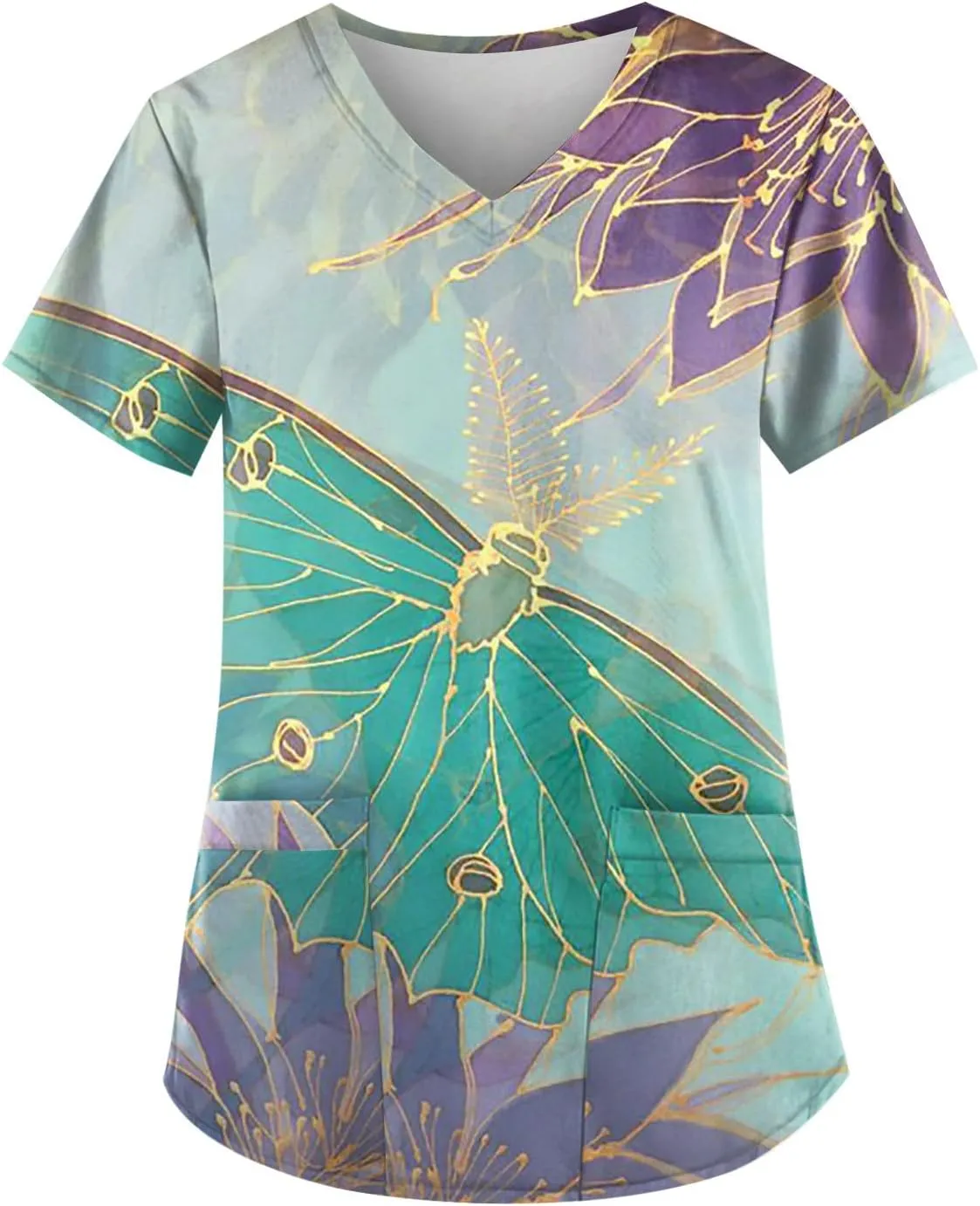 Scrubwear for Women Short Sleeve V-Neck Nurse Doctor Uniforms Marble Printed Stretchy Scrub Tops with Pockets