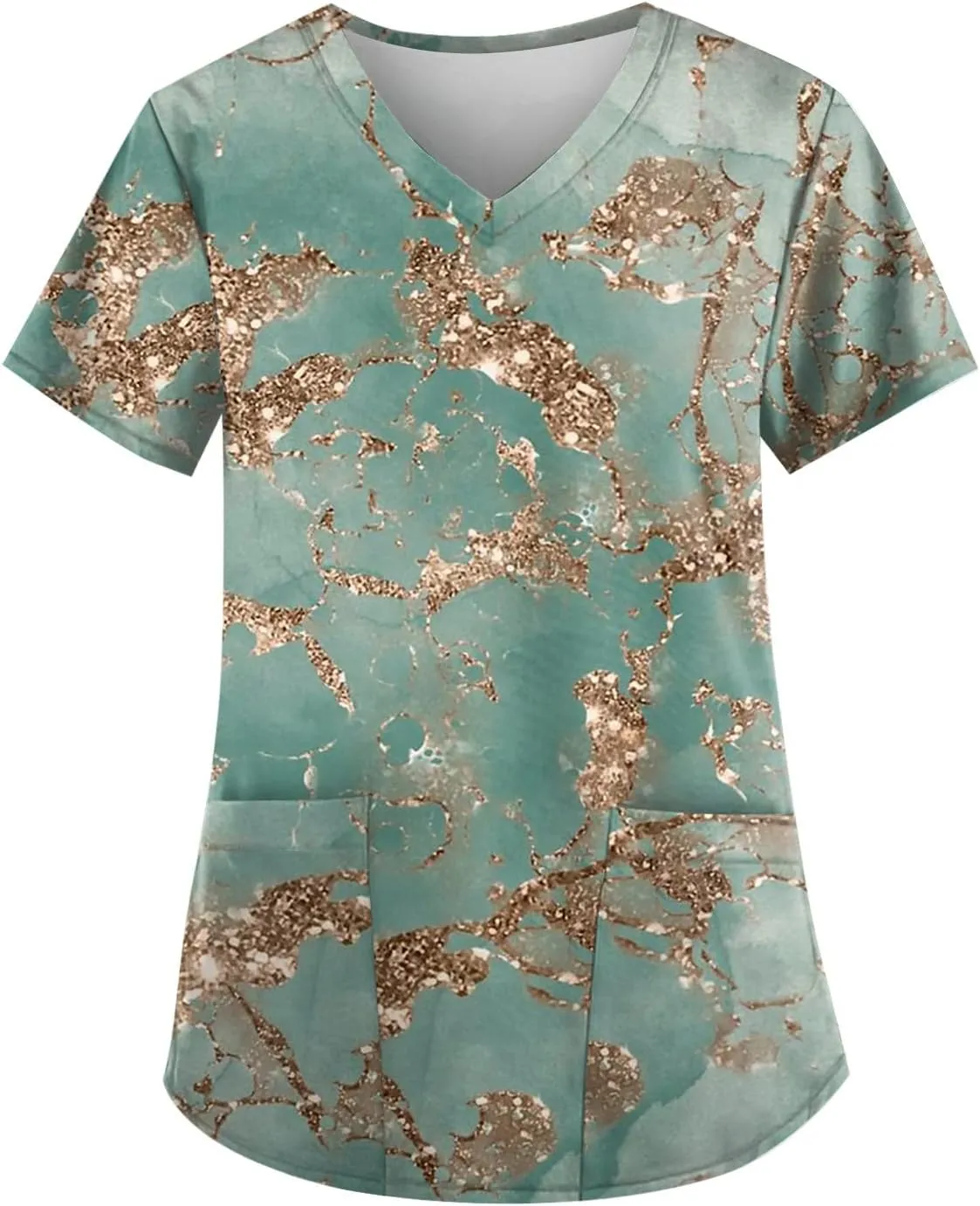 Scrubwear for Women Short Sleeve V-Neck Nurse Doctor Uniforms Marble Printed Stretchy Scrub Tops with Pockets
