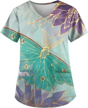 Scrubwear for Women Short Sleeve V-Neck Nurse Doctor Uniforms Marble Printed Stretchy Scrub Tops with Pockets