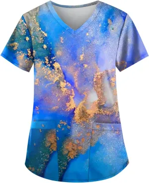 Scrubwear for Women Short Sleeve V-Neck Nurse Doctor Uniforms Marble Printed Stretchy Scrub Tops with Pockets