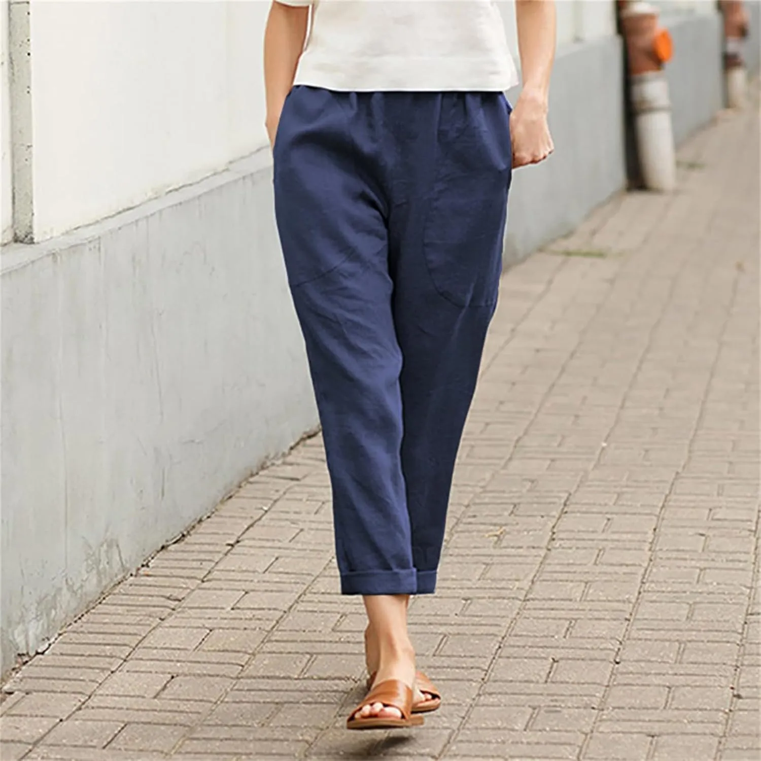 Smoneyful Linen Pants for Women Casual Cotton Drawstring Wide Leg Trouser Elastic Waist Solid Straight Leg Beach Cropped Pant
