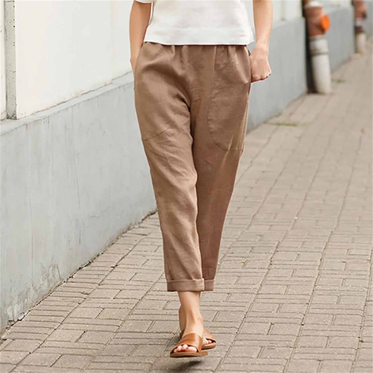 Smoneyful Linen Pants for Women Casual Cotton Drawstring Wide Leg Trouser Elastic Waist Solid Straight Leg Beach Cropped Pant
