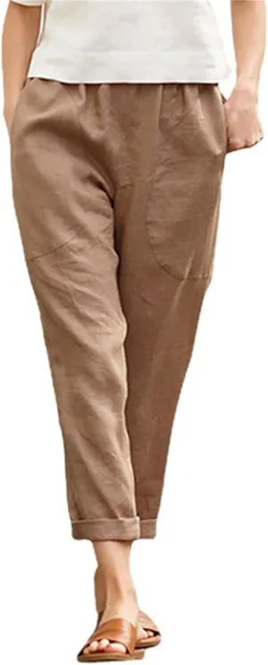Smoneyful Linen Pants for Women Casual Cotton Drawstring Wide Leg Trouser Elastic Waist Solid Straight Leg Beach Cropped Pant