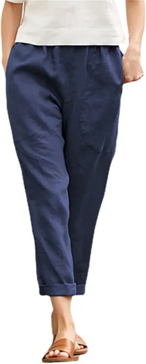 Smoneyful Linen Pants for Women Casual Cotton Drawstring Wide Leg Trouser Elastic Waist Solid Straight Leg Beach Cropped Pant