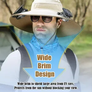 Solar Fan Hat Unisex Sun Bucket Hats Outdoor Wide Brim Sun Hat with 2 Solar Fan - Removable & USB Charging