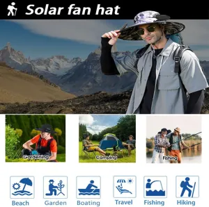 Solar Fan Hat Wide Brim Solar Powered Fan Hat for Men Women, Outdoor Sun Hats with 2 Solar & USB Charging Fan