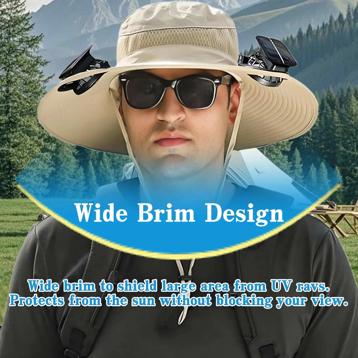 Solar Fan Hat Wide Brim Solar Powered Fan Hat for Men Women, Outdoor Sun Hats with 2 Solar & USB Charging Fan