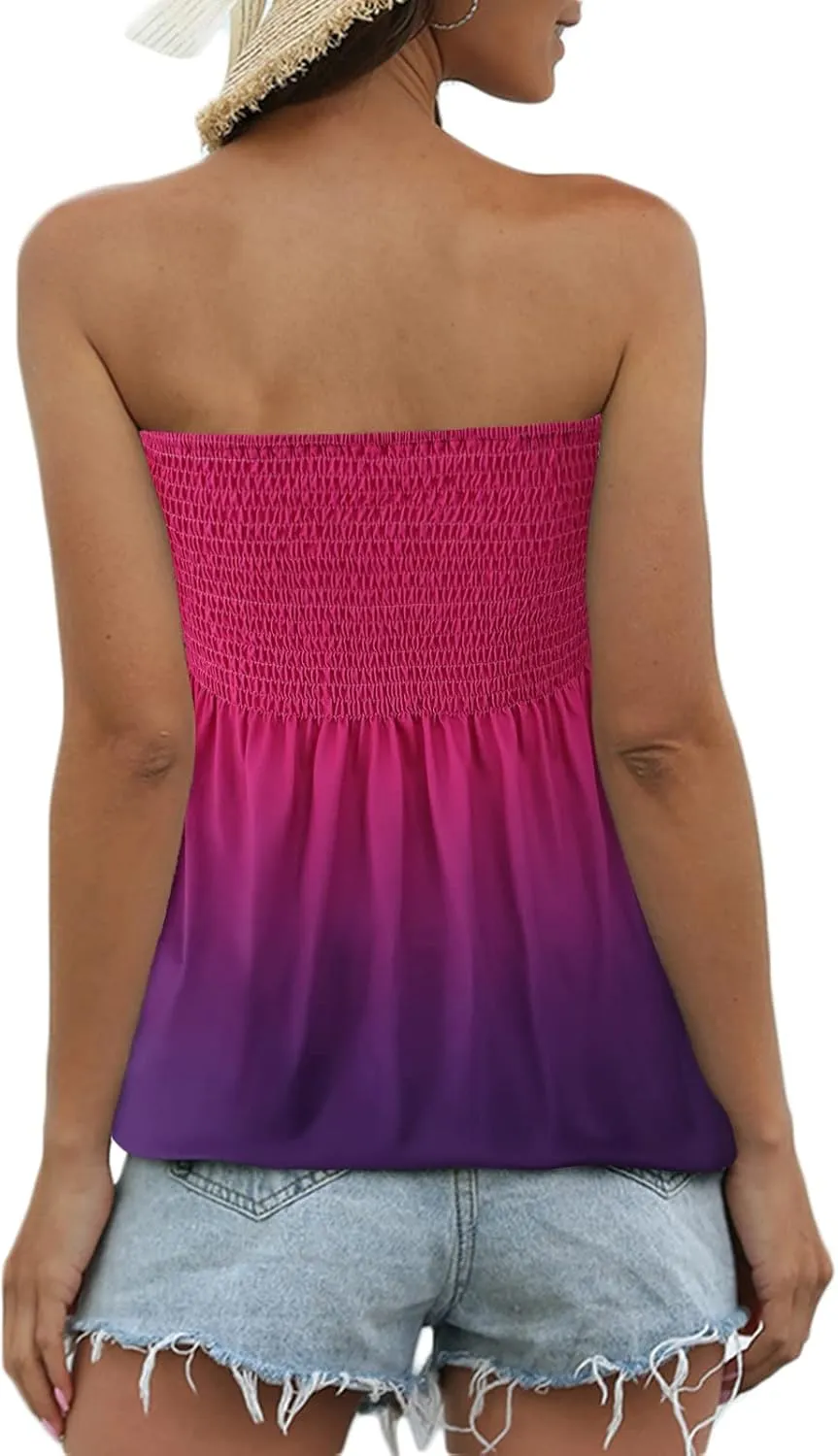 Sumtory Women Tie Dye Tube Tops Pleated Stretchy Ombre Strapless Shirts