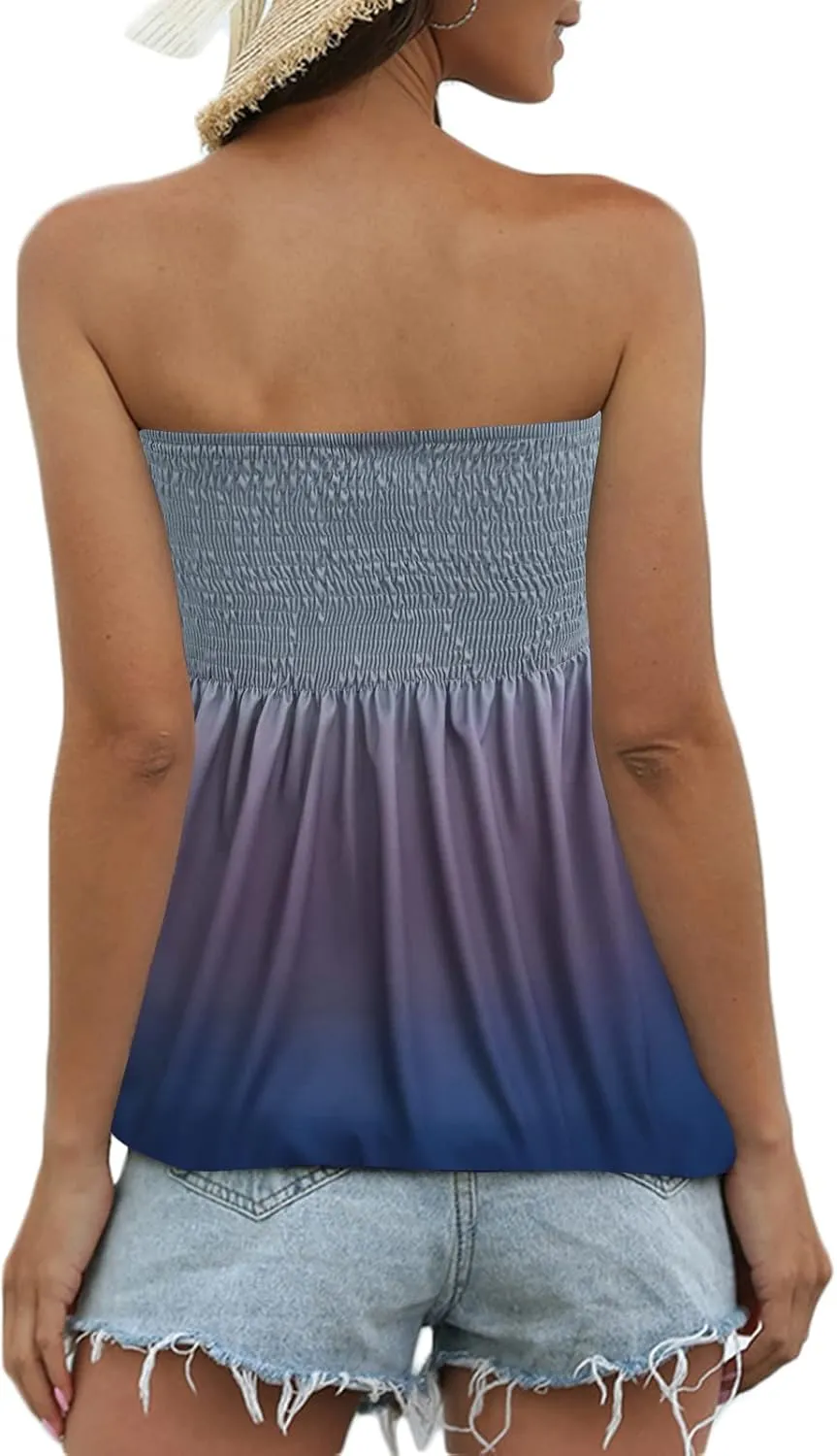 Sumtory Women Tie Dye Tube Tops Pleated Stretchy Ombre Strapless Shirts