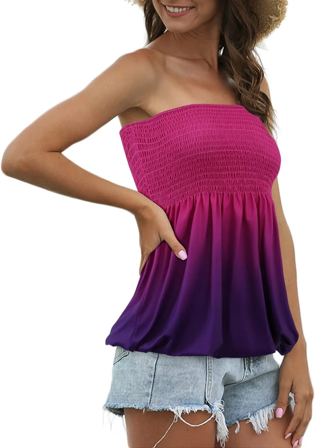 Sumtory Women Tie Dye Tube Tops Pleated Stretchy Ombre Strapless Shirts