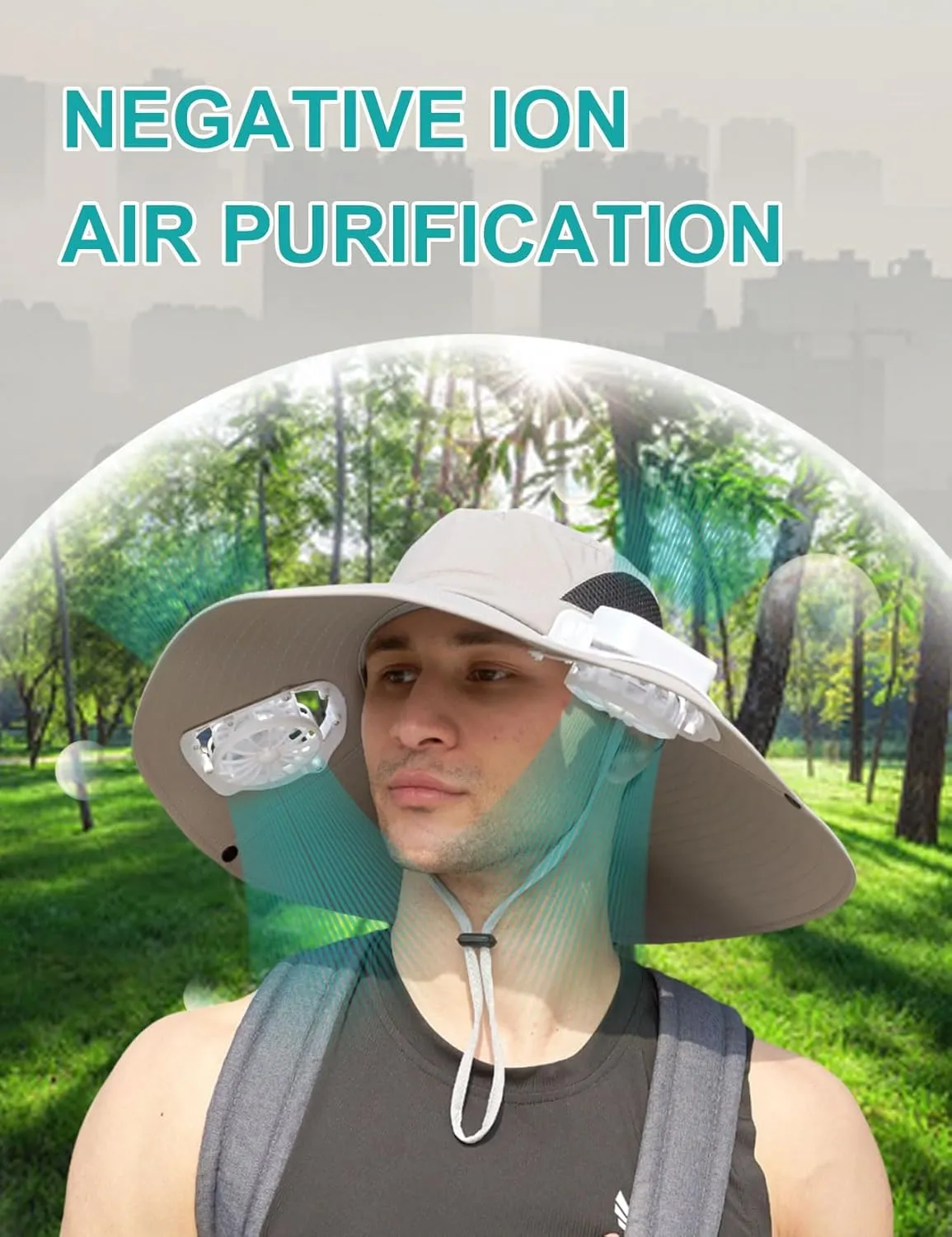 Sun hat with Solar Fans - Negative Ion Air Purification and Cooling Functions, 6" Wide Brim UV Protection