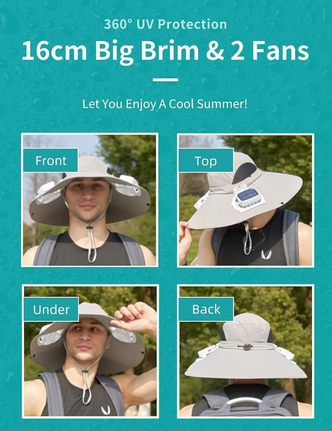 Sun hat with Solar Fans - Negative Ion Air Purification and Cooling Functions, 6" Wide Brim UV Protection