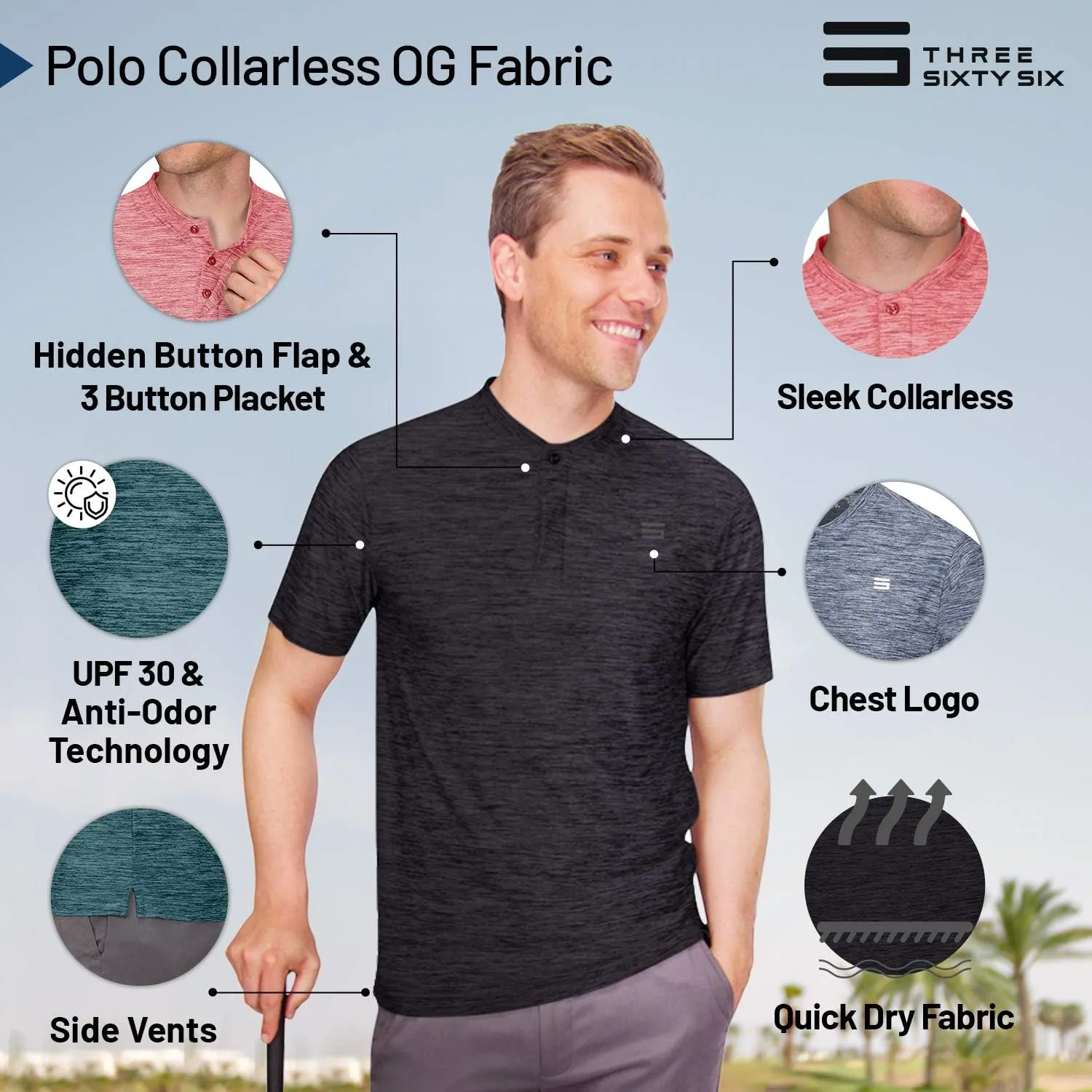 Three Sixty Six Collarless Golf Shirts for Men - Quick Dry Short Sleeve T-Shirt with 4-Way Stretch Fabric & UPF 30