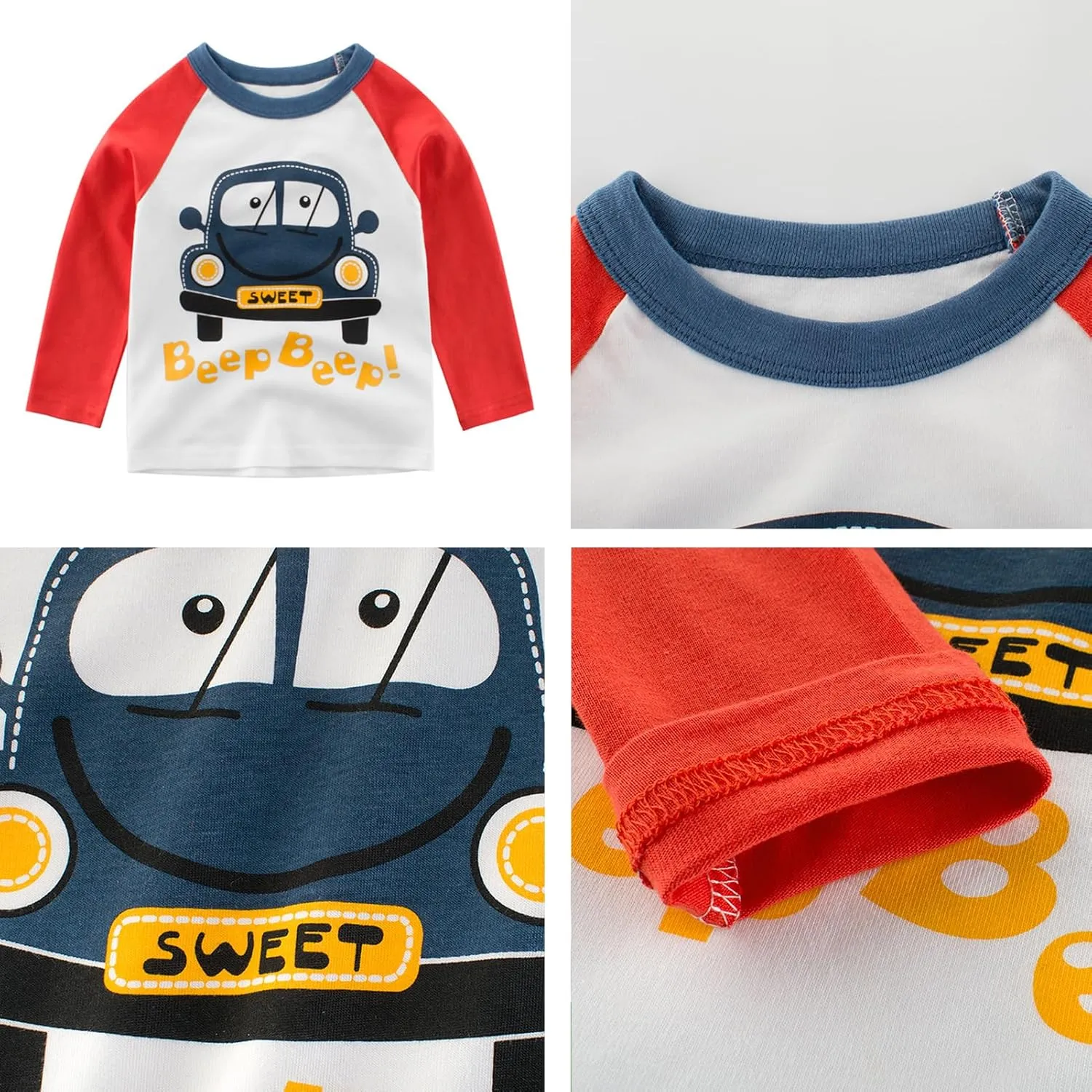 Toddler Boys Color Block Long Sleeve Shirts 3-Pack Cotton Dinosaur&Car Print Boy's T-Shirts Spring/Fall for 18M-7Y