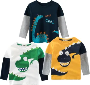 Toddler Boys Color Block Long Sleeve Shirts 3-Pack Cotton Dinosaur&Car Print Boy's T-Shirts Spring/Fall for 18M-7Y