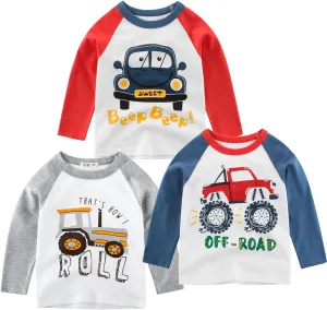 Toddler Boys Color Block Long Sleeve Shirts 3-Pack Cotton Dinosaur&Car Print Boy's T-Shirts Spring/Fall for 18M-7Y