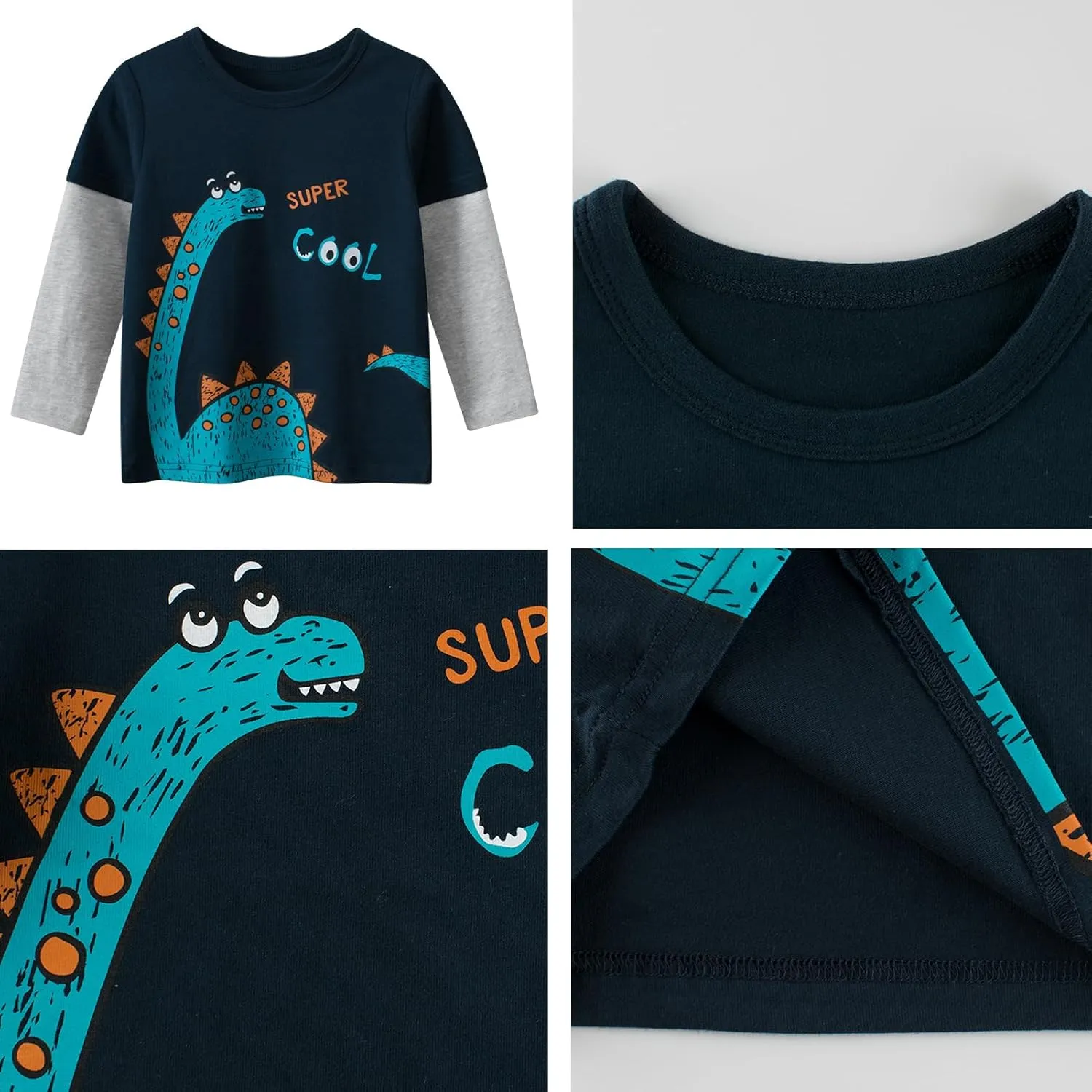 Toddler Boys Color Block Long Sleeve Shirts 3-Pack Cotton Dinosaur&Car Print Boy's T-Shirts Spring/Fall for 18M-7Y