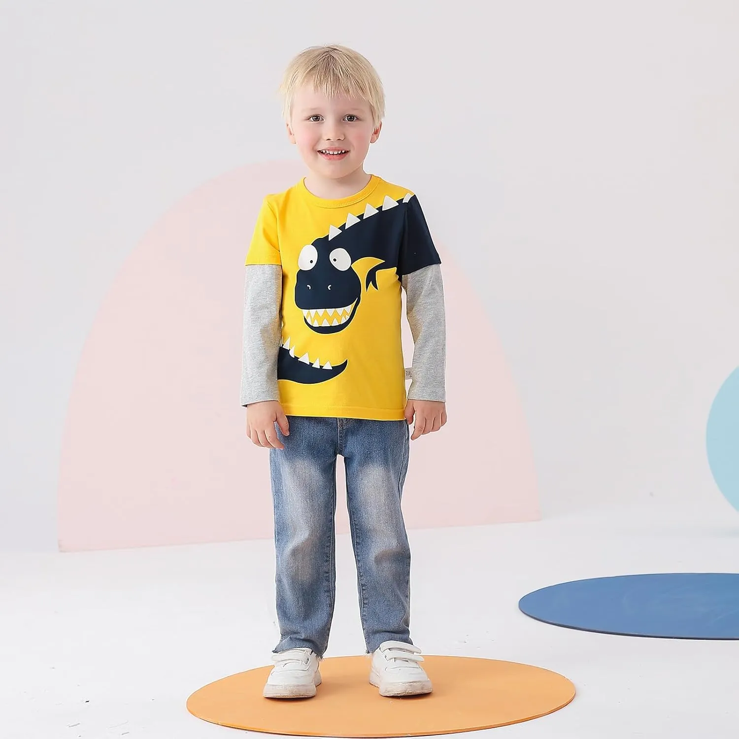 Toddler Boys Color Block Long Sleeve Shirts 3-Pack Cotton Dinosaur&Car Print Boy's T-Shirts Spring/Fall for 18M-7Y