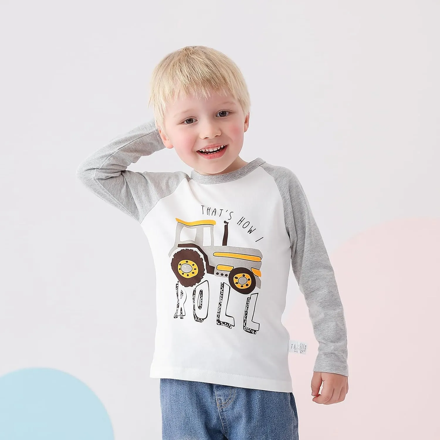 Toddler Boys Color Block Long Sleeve Shirts 3-Pack Cotton Dinosaur&Car Print Boy's T-Shirts Spring/Fall for 18M-7Y