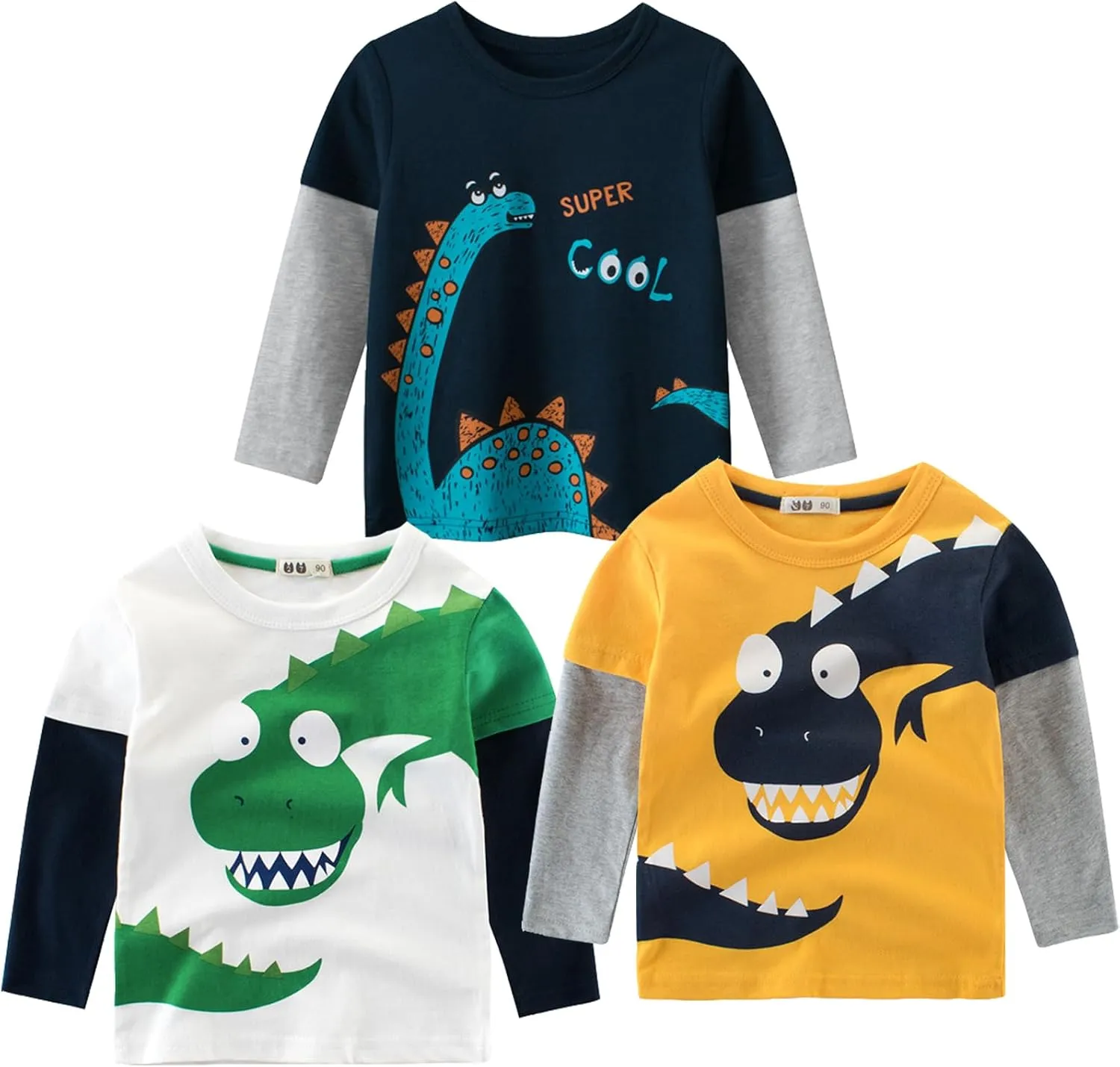 Toddler Boys Color Block Long Sleeve Shirts 3-Pack Cotton Dinosaur&Car Print Boy's T-Shirts Spring/Fall for 18M-7Y