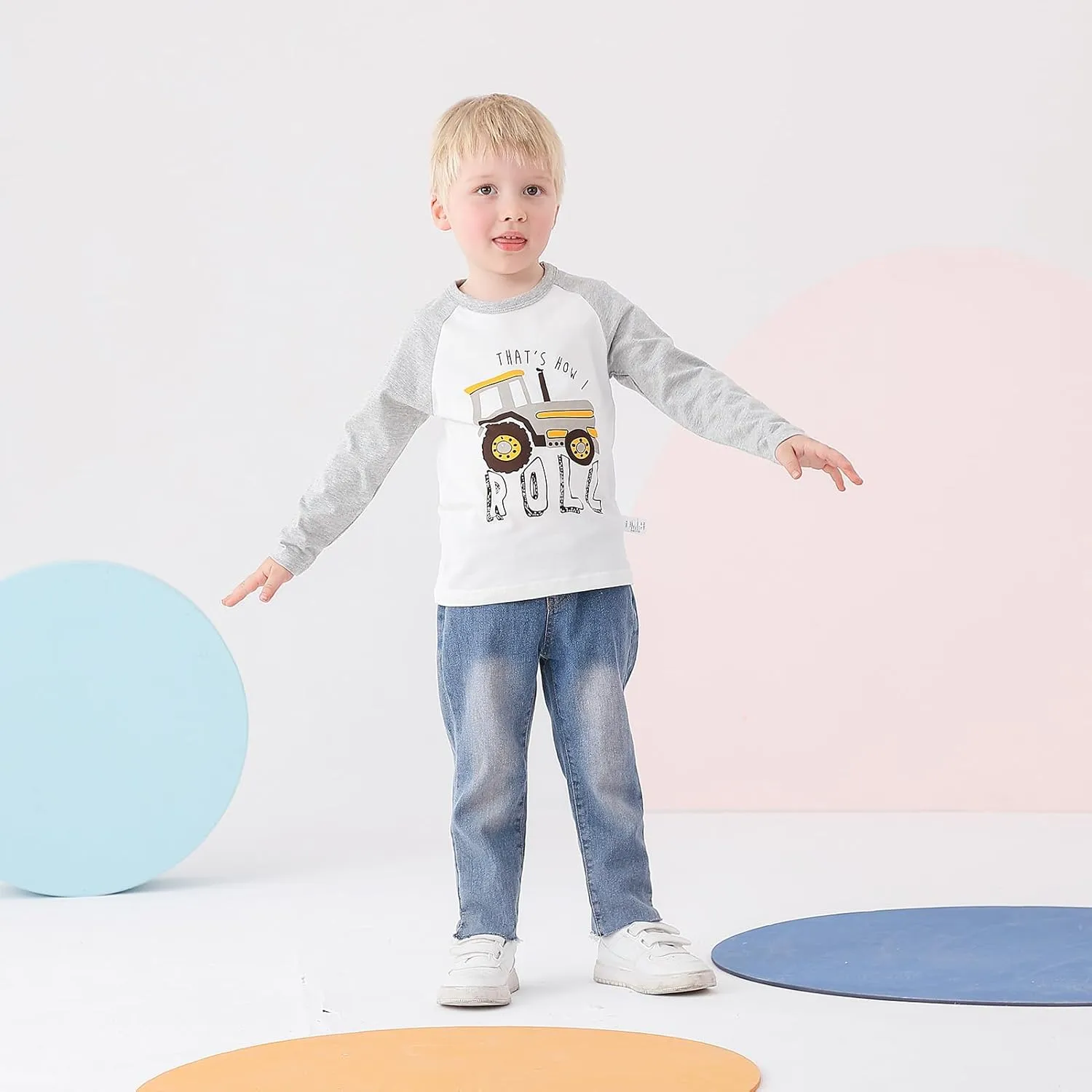 Toddler Boys Color Block Long Sleeve Shirts 3-Pack Cotton Dinosaur&Car Print Boy's T-Shirts Spring/Fall for 18M-7Y