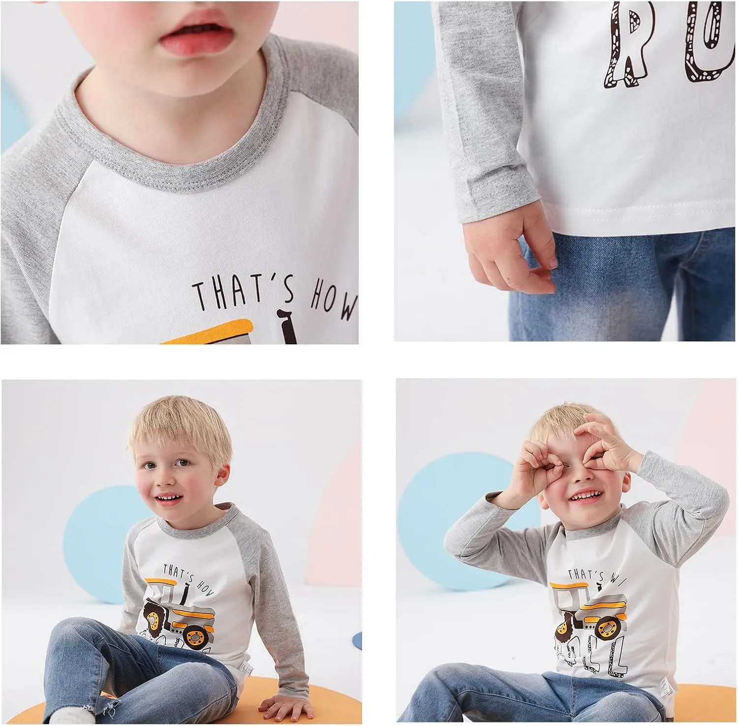 Toddler Boys Color Block Long Sleeve Shirts 3-Pack Cotton Dinosaur&Car Print Boy's T-Shirts Spring/Fall for 18M-7Y